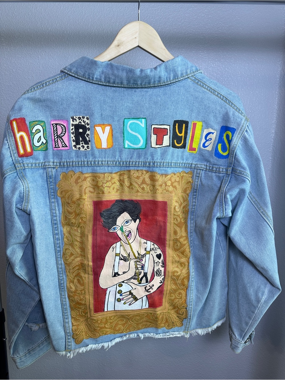 Custom Hand-Painted Harry Styles Women’s Denim Jacket Size L for Concert.